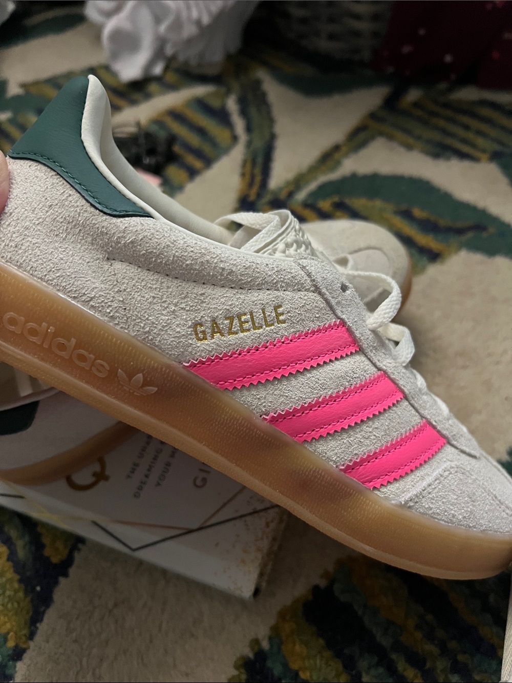 adidas Gazelle Cream Suede Sneakers with Pink Stripes and Green Heel